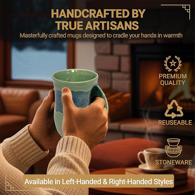 Clay in Motion Hand Warmer Coffee Mug – Handmade Coffee Mug With Comfortable Handle Contoured Pocket Hand Warming Ceramic Coffee Mug – Proudly Made in USA – Right Handed – 14 Oz - Misty Green