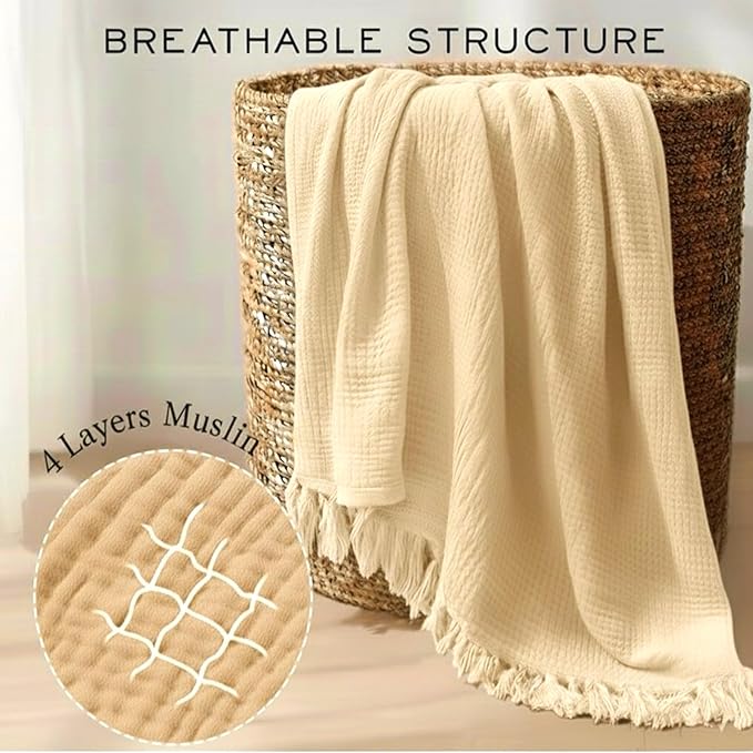 KyraHome 100% Organic Cotton Muslin Blankets for Adults, Large 60"x80", Plant Dyed, Lightweight Breathable Gauze Throw Blanket for Couch, Picnic, Summer All Season (Shortbread/Creamy)