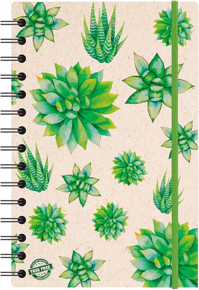 Geographics Eco Journal 5.4" x 8.25", Tree-Free Spiral Notebook with 70 gsm Sugar Cane Paper, Daily Nature Journal with Double-Wire Binding & Elastic Band, 80 Sheets, Cactus