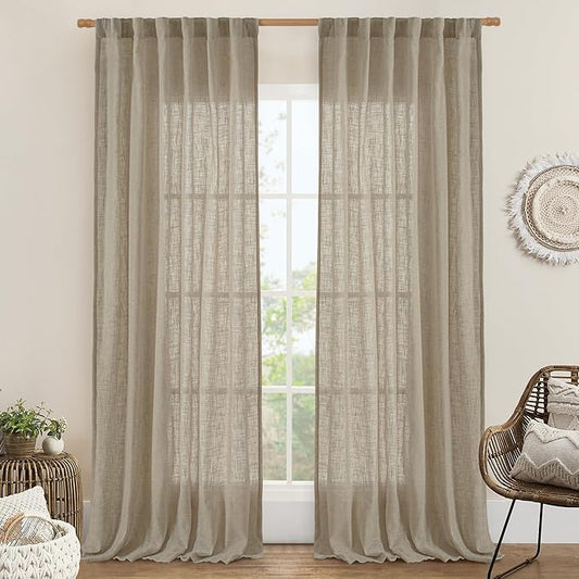 LAMIT 95 Inches Long Linen Curtains for Living Room, Back Tab and Rod Pocket Semi Sheer Curtains Light Filtering Farmhouse Drapes for Bedroom/Dining Room, Taupe, Set of 2, 52 x 95 Inch