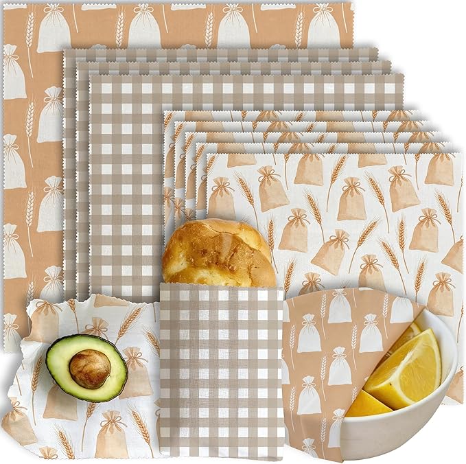 Reusable Beeswax Wrap, 9 Pack Sheets for Bread, Fruit, Bowl, Organic, Sustainable, Zero Waste, Plastic-Free Food Storage, 1XL, 3M, 5S, Flour Sack and Gingham Pattern