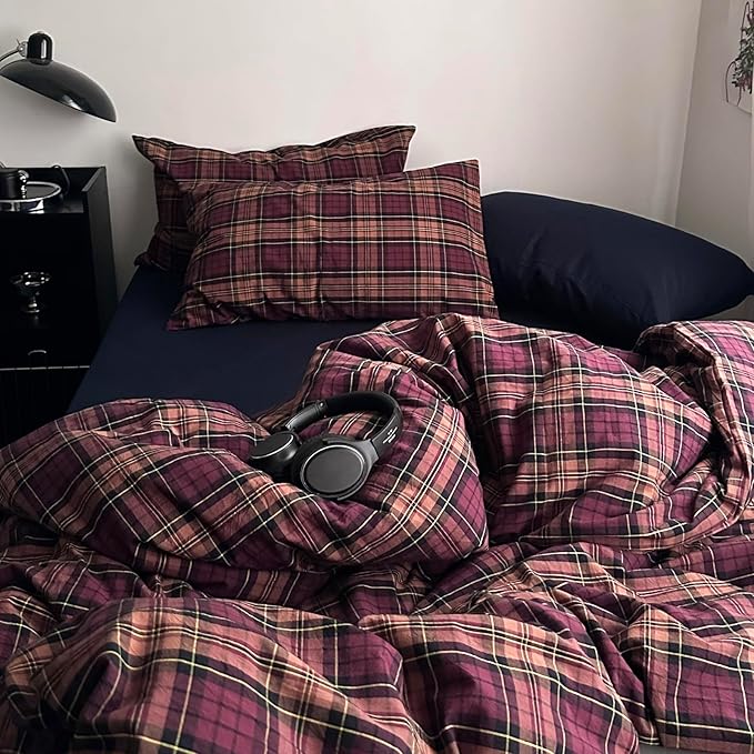 mixinni Vintage Burgundy Buffalo Plaid Comforter Cover Set King Size - 3 Piece Mid-Century Modern Washed Cotton Bedding, Soft Breathable Grid Duvet Cover with Matching Pillowcases for All-Season