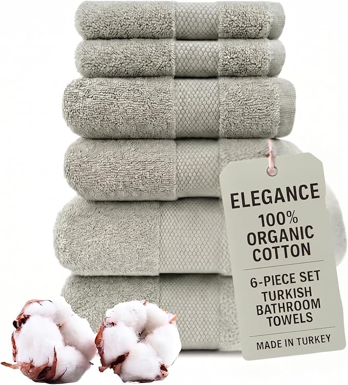Maisonette Elegance 100% Organic Cotton Turkish Bathroom Towels Set, Ideal Quick Dry Luxury Washcloths, Hand & Large Luxury Bath Towels for Shower, (6 Pack), Green (Eucalyptus)