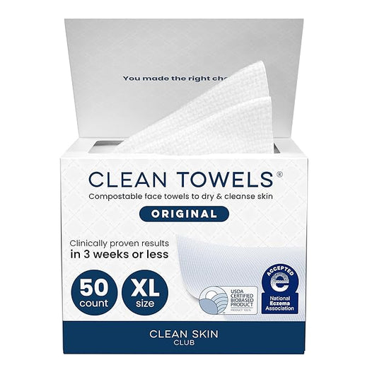 Clean Skin Club Clean Towels XL®, 100% USDA Biobased Face Towel, Disposable Face Towelette, Eczema Association Accepted, Makeup Remover Dry Wipes, Ultra Soft, 1 Pack, 50 Ct