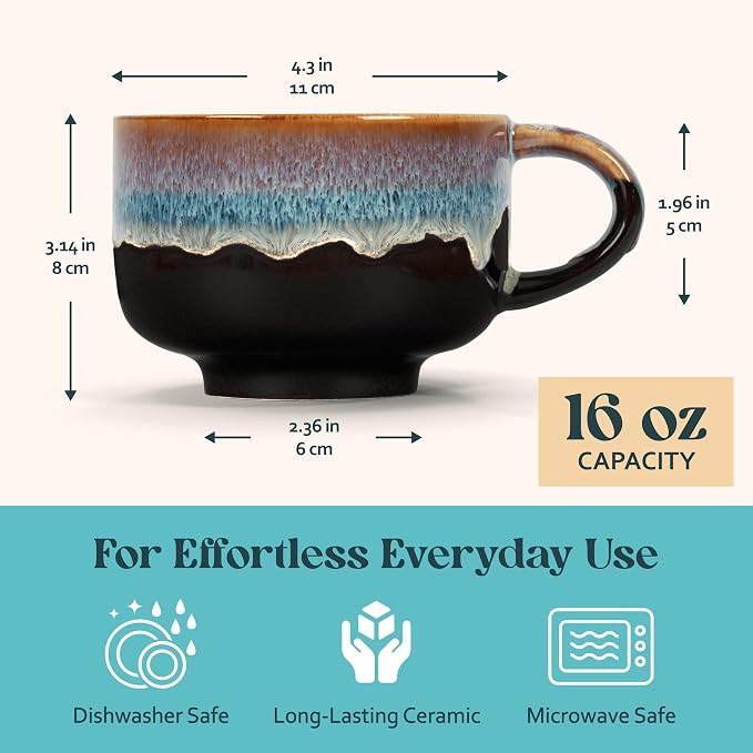 NOVA CERAMICS Large Coffee Mug - Ceramic Coffee Mug - Coffee Cups with Handle - 16 oz Coffee Mugs - Microwave & Dishwasher Safe - Gifts For Women Men Him Her - 16oz - Monsoon
