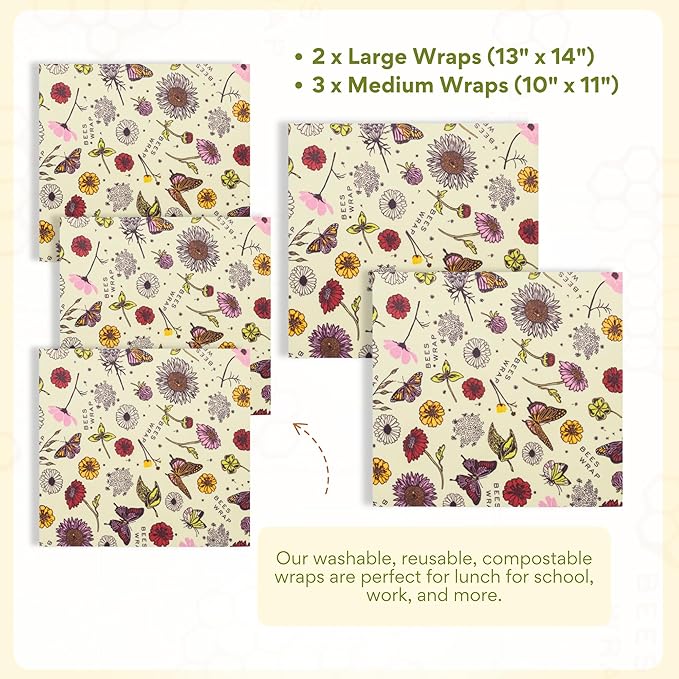Bee's Wrap Beeswax Wraps for Food - Assorted 5 Pack of Beeswax Wraps - 2 Large & 3 Medium Wrap - Plastic Free Made in USA Reusable Natural Food Wrap - Meadow Magic Print
