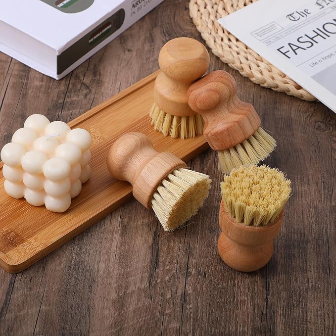12 Pack Bamboo Scrub Brush for Dishes, Wooden Dish Scrubber Brushes with Natural Sisal Bristle Full Circle Scrub Brush for Kitchen Cleaning Dishes Iron Pot Pan Sink