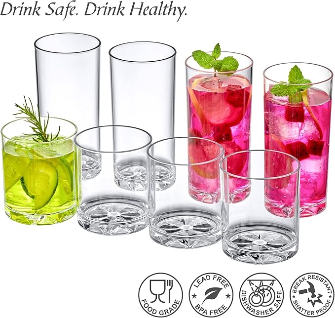 Amazing Abby - Liberty - 12-Ounce and 16-Ounce Plastic Tumblers (Set of 8), Drinking Glasses, Reusable Cups, BPA-Free, Shatter-Proof, Dishwasher-Safe (Made of Plastic, NOT Glass)
