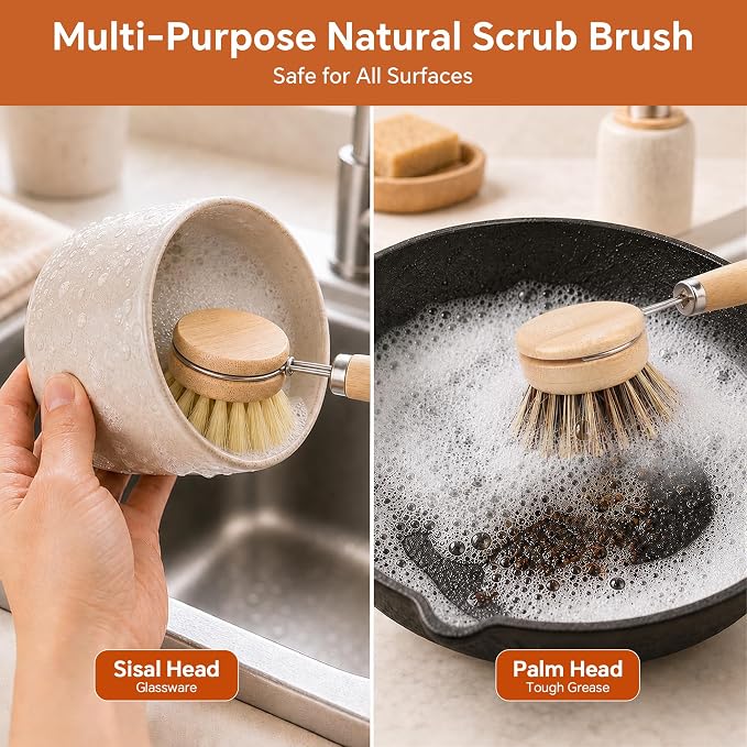 DEBETOOL Bamboo Dish Brush with Handle & 4 Replacement Heads - Natural Wooden Dish Scrubber with Sisal and Palm Fiber, Plastic Free Bamboo Brush for Dishes, Pots, Pans