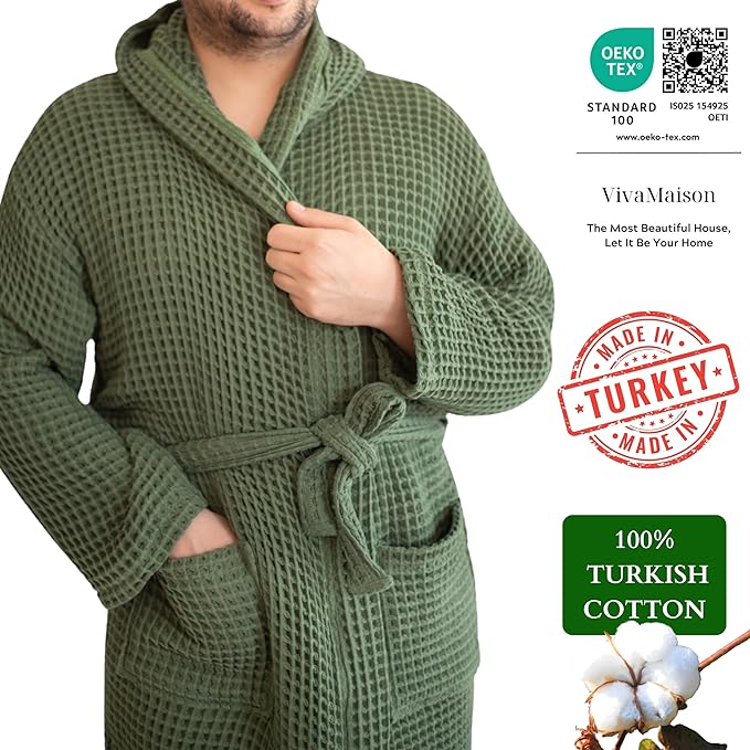 100% Turkish Cotton Men's Waffle Robe with Hooded, Premium Soft Cozy Housecoat or Quick-Dry Bathrobe for Mens