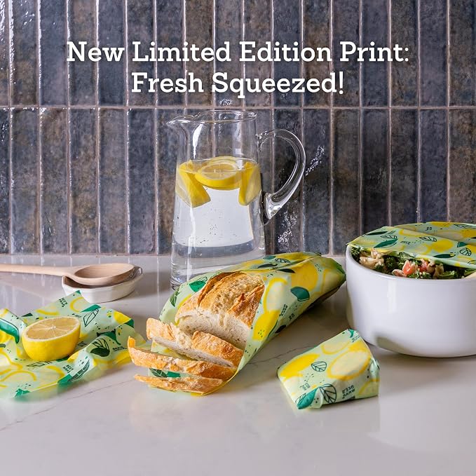 Bee's Wrap - Limited Edition - Beeswax Wraps for Food - 3 Pack of Assorted Beeswax Wraps - Small, Medium & Large Wrap - Plastic Free Made in USA Reusable Natural Food Wrap - Fresh Squeeze Print