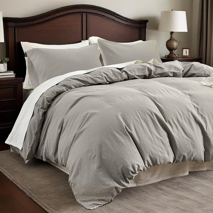 QKTE French Linen Duvet Cover Set, 3 PCS Natural French Flax Light Grey Duvet Cover Queen Size, Breathable Soft Comfy Linen Bedding Comforter Cover with 2 Pillowcases(Light Grey, 88" x 92")