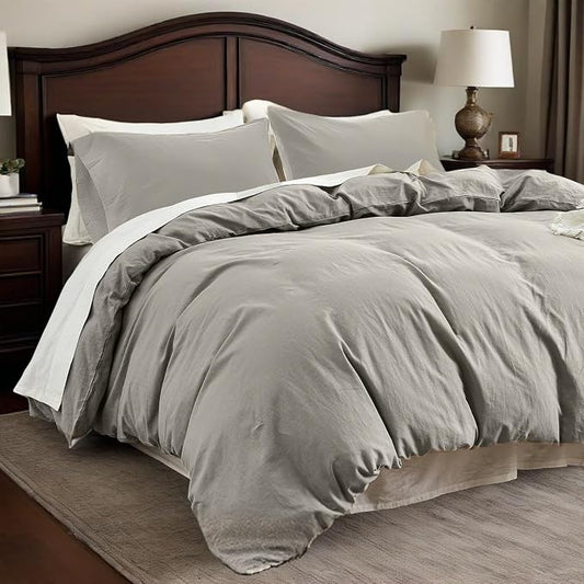 QKTE French Linen Duvet Cover Set, 3 PCS Natural French Flax Light Grey Duvet Cover Queen Size, Breathable Soft Comfy Linen Bedding Comforter Cover with 2 Pillowcases(Light Grey, 88" x 92")