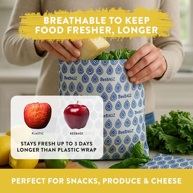 BeeBAGZ - Beeswax Wrap Storage Bag, Reusable Food Storage Bags, Pack of 3, Plastic Free Biodegradable Food Wrap Alternative, Starter Pack, 1 Small + 1 Medium + 1 Large, (Blue)