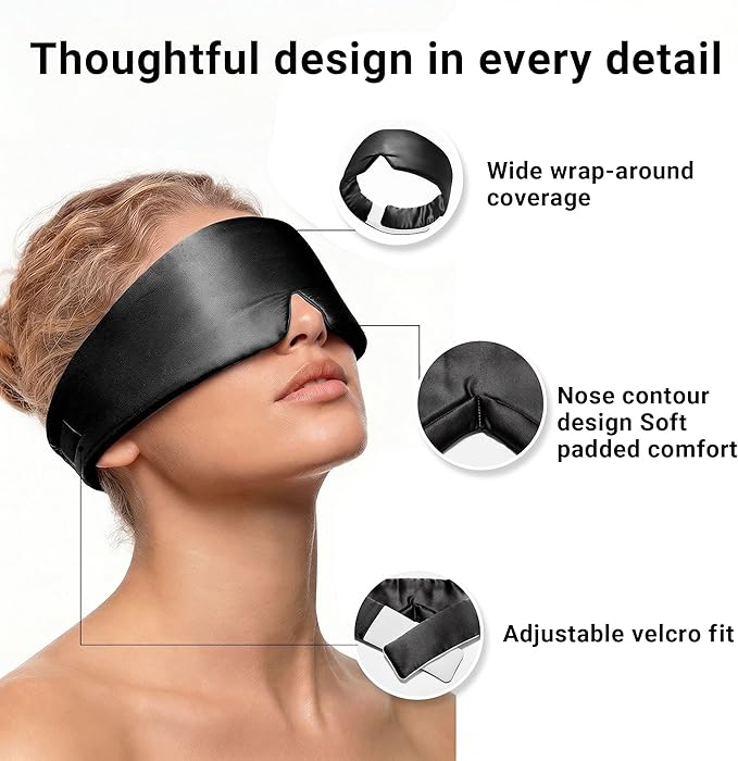 Silk Sleep Mask for Side Sleepers, Eye Mask for Sleeping Women Men, Face-Hugging Padded Eye Cover, 100% 22 Momme Pure Mulberry Silk, Soft Light Blocking Mask for Travel, Naps & Shift Workers (Black)