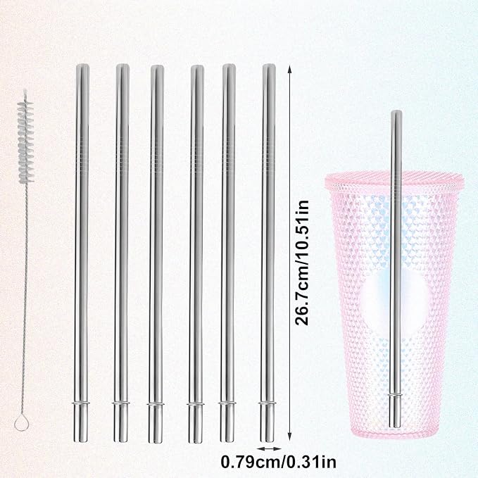 6pcs Stainless Steel Straws for Starbucks Cold Cup Venti 24 oz, Reusable & BPA-Free Metal Straight Tumbler Drinking Straws Replacement Part with Cleaning Brush for Starbucks Accessories(Silver)