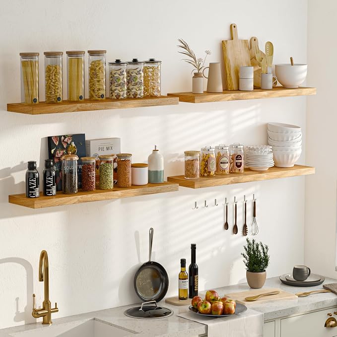 Fun Memories 72" Floating Shelves for Wall, Rustic Solid Elm Wood Floating Shelves - Invisible Bracket Mount, Extra Long Wall Mounted Shelf for Living Room, Bathroom, Bedroom, Kitchen, Natural