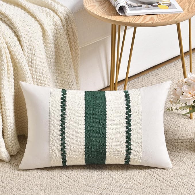 Fancy Homi Set of 2 Dark Green Boho Long Lumbar Decorative Throw Pillow Covers 12x24 Inch for Couch Bed Sofa Bedroom, Modern Farmhouse Vintage Forest Green Living Room Decor