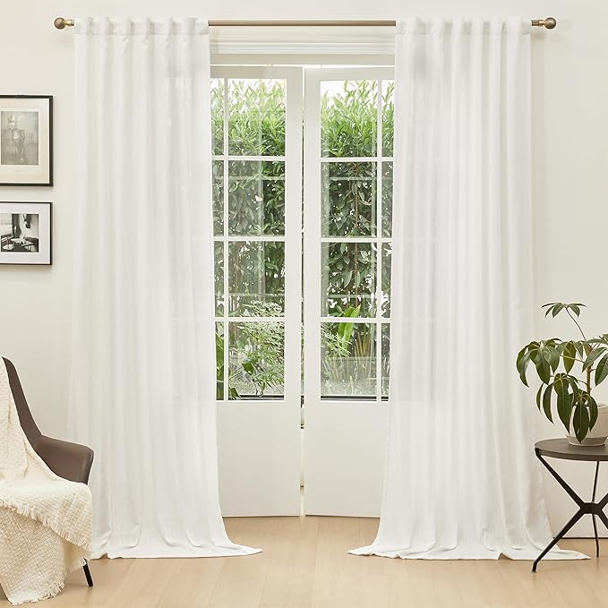 MYSKY HOME Extra Long Curtains for Living Room, Soft Cotton Fabric Boho Window Curtain Drapes Light Filtering Semi Sheer Backdrop Panels, Beige White, 50 x 108 Inches, 2 Pieces