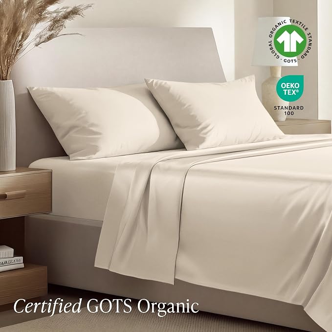 Bare Home 100% Organic Cotton King Sheet Set - 400 Thread Count - Smooth Sateen Weave - Breathable & Cooling - Hotel Luxury Set - Deep Pocket Bed Sheets (King, Sand)
