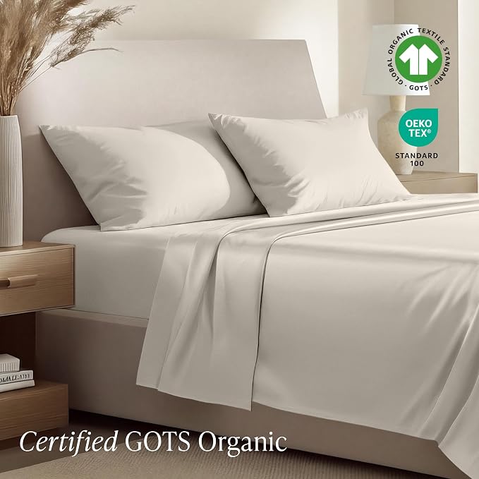 Bare Home 100% Organic Cotton Twin Sheet Set - 400 Thread Count - Smooth Sateen Weave - Breathable & Cooling - Hotel Luxury Set - Deep Pocket Bed Sheets (Twin, French Beige)