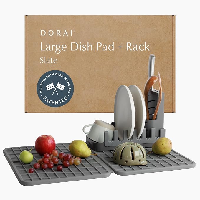 Dorai Home Collapsible Dish Drying Rack with Stone Dish Pad - Kitchen Counter Set with Diatomaceous Earth Stone Dish Mat for Quick Drying - Space-Saving Design - Large 24.6" x 16.5", Slate