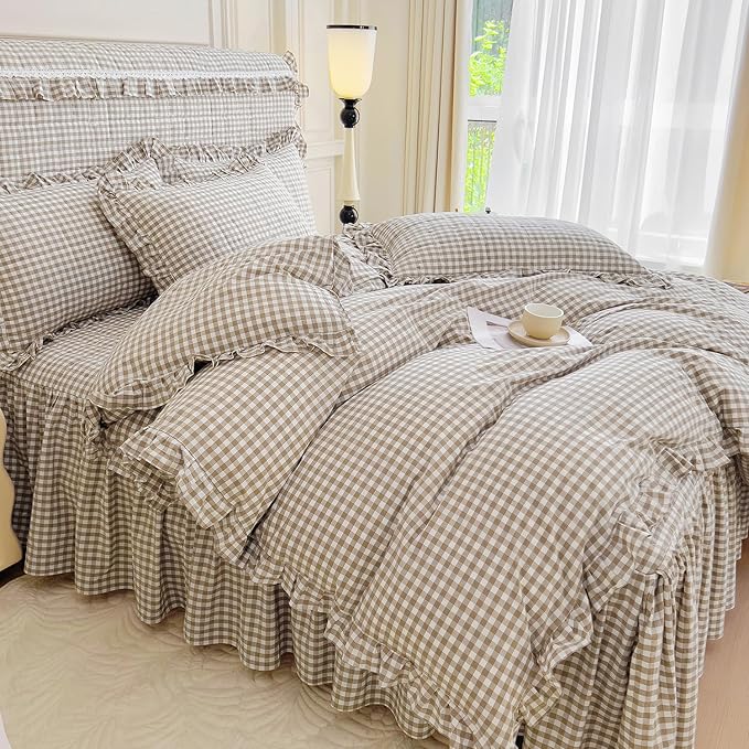 mixinni Tan Gingham Ruffle Duvet Cover Queen Size 3 Pieces – 100% Washed Cotton, Vintage Plaid Ruffled Bedding Set with Zipper Ties, Soft Cream Checkered Grid Farmhouse Chic Comforter Cover Set