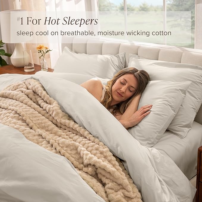 Bare Home 100% Organic Cotton Queen Duvet Cover Set - Crisp Percale Weave - Lightweight & Breathable - Cooling Duvet Cover Set (Queen, French Beige)