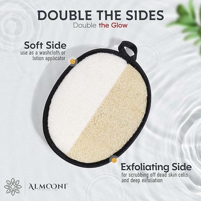 Almooni Natural Exfoliating Loofah for Men, Lightly Abrasive Egyptian Loofah Body Scrubber for Men, Dual-Sided with Cotton Back, Hand Strap, Black, 2-Count