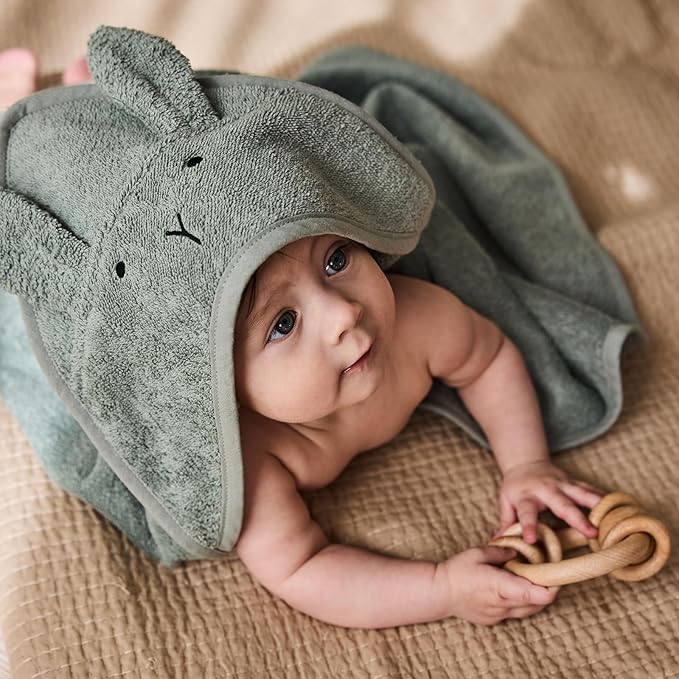 Hooded Baby Towels – 100% Organic Cotton Baby Bath Towels – Baby Boy and Girl Newborn Essentials - Super-Soft and Absorbent. (2-Pack Fog Bear and Roman Green Rabbit)