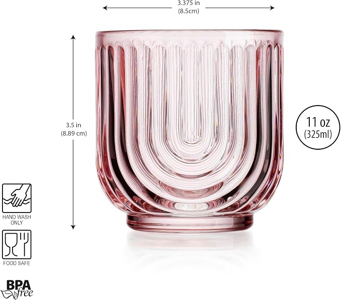 Glaver's Vintage Glassware Art Deco Glasse Ribbed Drinking Glasses U-Shape Arch Design Colored Cocktail Kitchen Tumblers Everyday Dinner Decorative Party HandWash Only (Pink S/4 11oz)