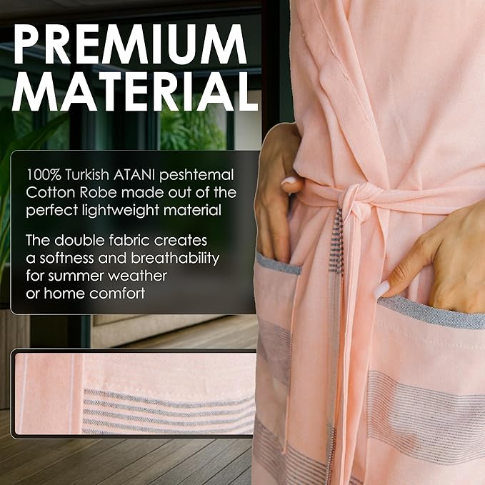 ATANI 100% Turkish Cotton Bathrobe S-XXL for Women & Men – Peshtemal Style Soft Cozy Lounge Robe, Absorbent & Lightweight