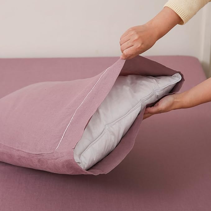 100% French Linen Pillowcases with Embroidery - Pack of 2 - Washed Solid Color Natural Flax Soft Breathable - Purple, 20'' x 40''