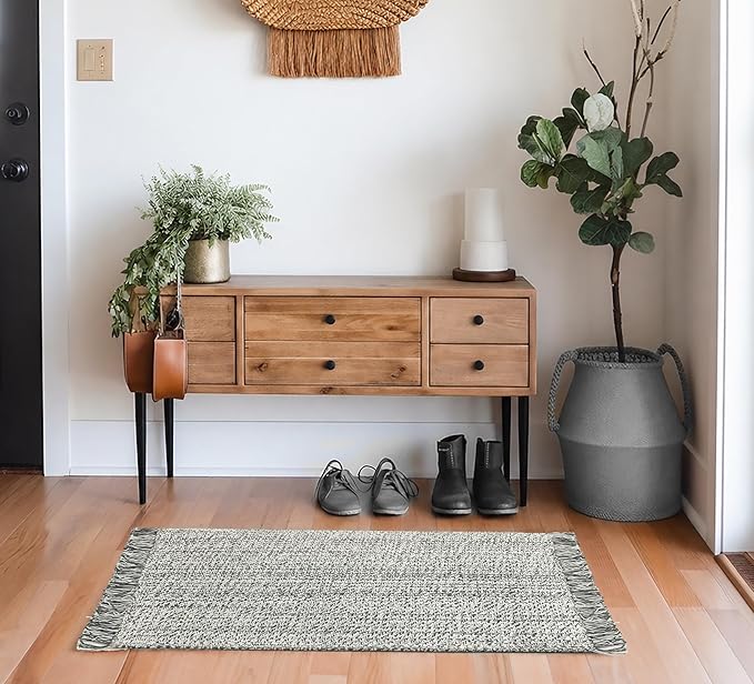 COTTON CRAFT Woven Area Rug - Reversible Boho Farmhouse Rustic Cotton Throw Rug Carpet with Fringe - Machine Washable Mat for Bedroom Living Room Entryway Bathroom Dorm - 22x34 - Grey Natural