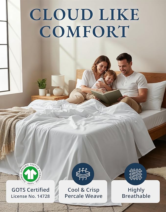 LANE LINEN Eco Friendly 100% Organic Cotton Queen Sheet Set, Soft & Comfy Fully Elasticized 15" Deep Pocket Bed Sheets, Low Pill Naturally Cooling Machine Wash Sábanas Queen- White Bed Sheets