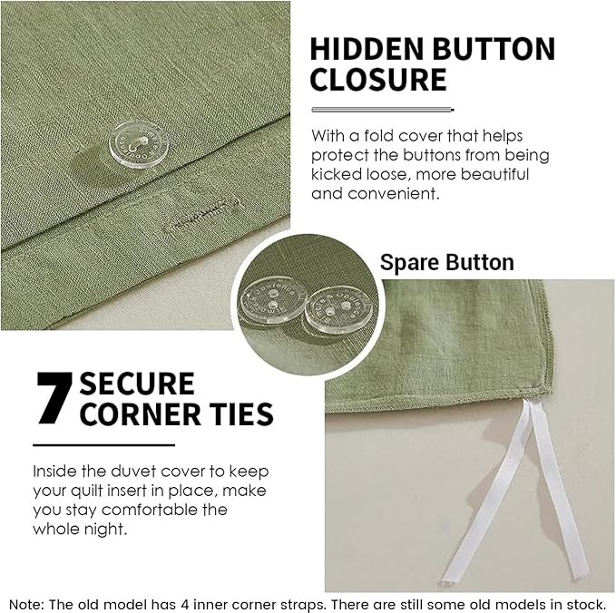 Simple&Opulence 100% Linen Duvet Cover Set 3pcs Basic Style Natural French Washed Flax Solid Color Soft Breathable Farmhouse Bedding with Button Closure - Sage Green, King