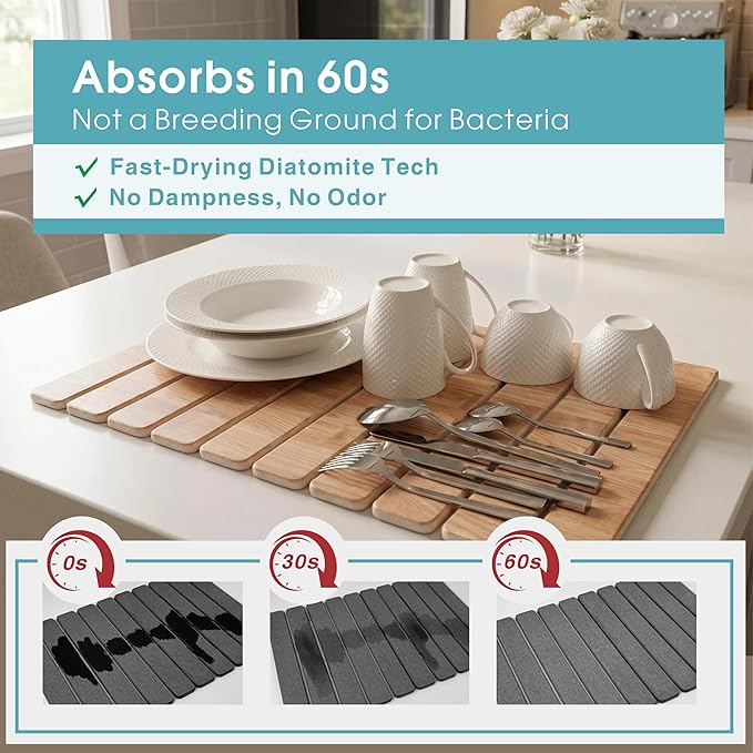 Stone Dish Drying Mat Set for Kitchen Counter, Diatomaceous Earth Quick Drying Mat (1*Large 23"×15.5" & 2*Small 7.5"×4") | Absorbent Kitchen Counter Mat for Dishes, Cups & Utensils (Wood Grain)