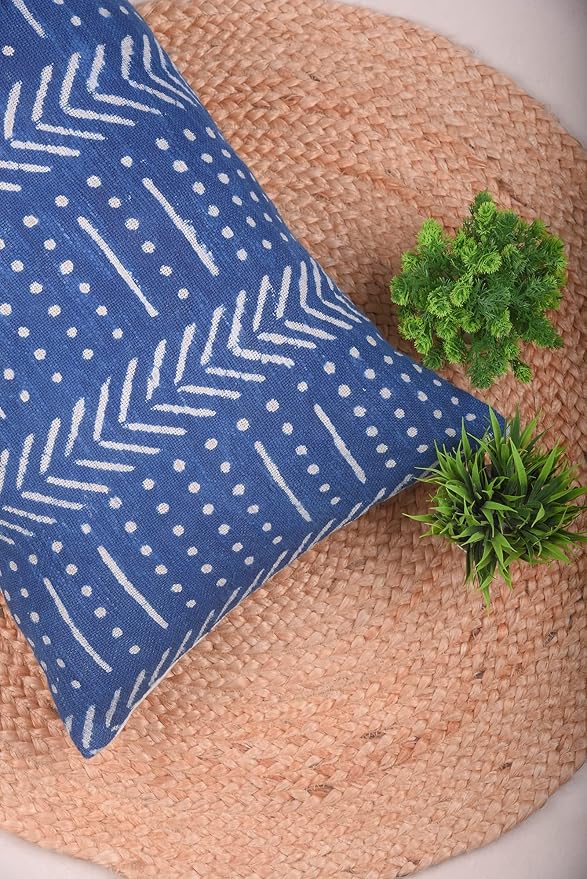 Trade Star Indigo Mudcloth Farmhouse Cushion Case 100% Cotton Throw Pillow Cover Beautiful Body Pillow Case Luxurious Bedding Decor Large Pillow Cover (Indigo Snow 14X36 INCHES)