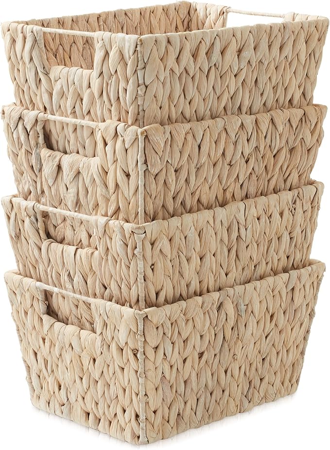 Casafield Set of 4 Water Hyacinth Storage Baskets with Handles - Whitewash White, Woven Storage Bins for Shelves, Blankets, Laundry Organization