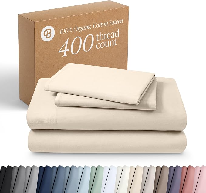 Bare Home 100% Organic Cotton King Sheet Set - 400 Thread Count - Smooth Sateen Weave - Breathable & Cooling - Hotel Luxury Set - Deep Pocket Bed Sheets (King, Sand)