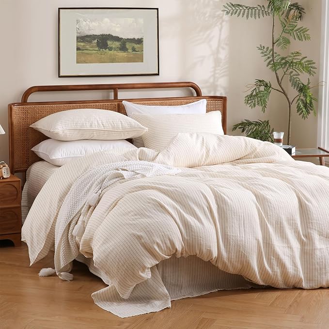 S VICTORY SYMBOL 100% Organic Linen Duvet Cover Set Rust Pinstripe Queen Size,Yarn Dyed French Natural Flax Bedding Set,3pcs Farmhouse Comforter Cover Set