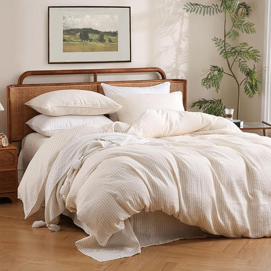 S VICTORY SYMBOL 100% Organic Linen Duvet Cover Set Rust Pinstripe King Size,Yarn Dyed French Natural Flax Bedding Set,3pcs Farmhouse Comforter Cover Set