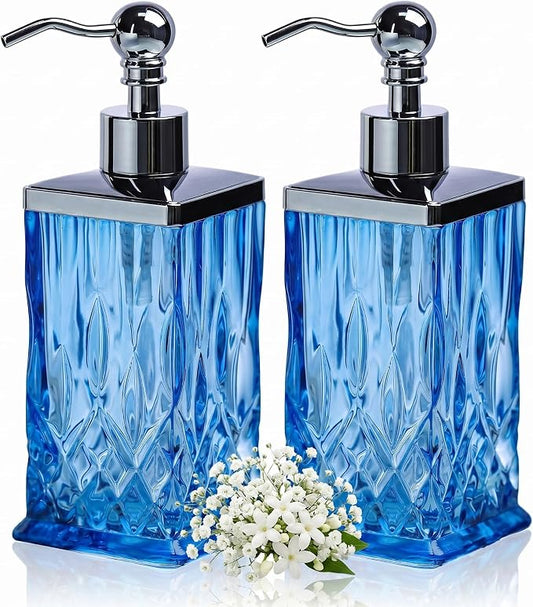 2 Pack 10 Oz Glass Soap Dispenser with Rustproof Stainless Steel Pump,Blue Square Textured Refillable Hand Soap Dispenser with Vertical Fluting for Lotion, Soap,Body Wash, Kitchen & Bathroom Organizer