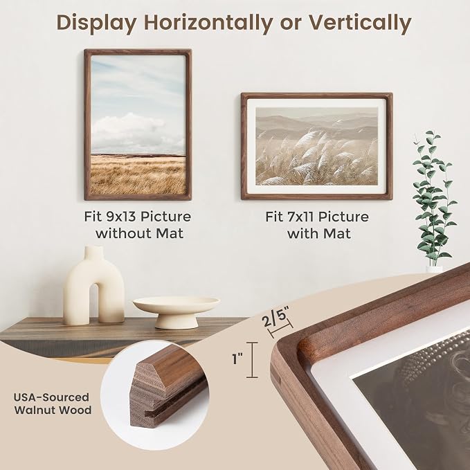 9x13 Picture Frame, USA-Sourced Walnut Wood Photo Frames with HD Tempered Glass, Handcrafted Rounded Corner 9 x 13 Wooden Frame Matted to 7x11 Photos, 9x13 Frames, Tabletop or Wall Display