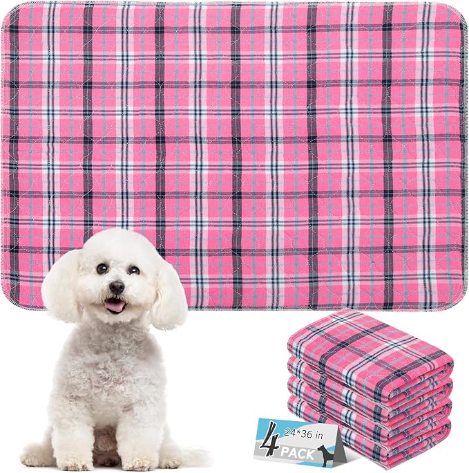 Washable Pee Pads for Dogs - 24”x36” 4PCS, Whelping Pad for Puppy Training, Playpen Crate Bed Floor Protector, Reusable Dog Potty Pads Non-Slip, Super Absorbent & Odor Controlling, Pink Plaid