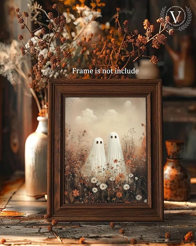 Vodefoad Vintage Cute Ghosts in Wildflower Meadow Print-Moody Autumn Decor, Cute Halloween Fall Painting, Victorian Ghost Posters Pictures for Living Room, Bedroom, Bathroom, Halloween Room decor - 8x10 Inch Unframed
