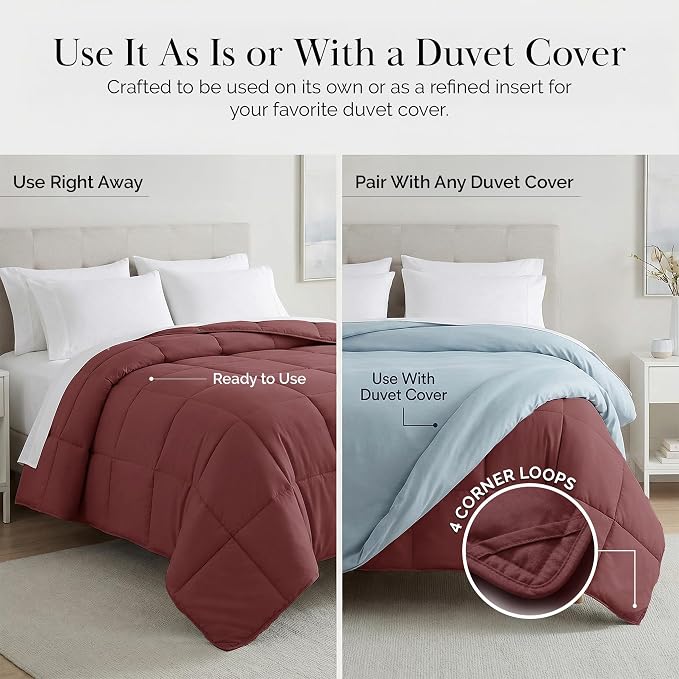 Southshore Fine Living, Inc. Twin XL Comforter / Duvet Insert, Down-Alternative Marsala Red Comforter Twin Size, Soft and Fluffy Comforters, Machine Washable, Pet Hair Resistant Bedding, Marsala