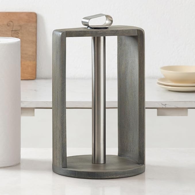 Anji Mountain Wooden Paper Towel Holder with Iron Holder, Holder Stand for Kitchen Roll Organizer & Kitchen Dining Table Home Décor, Countertop Fits Jumbo & Mega Rolls - Greige/Nickel, Top Load