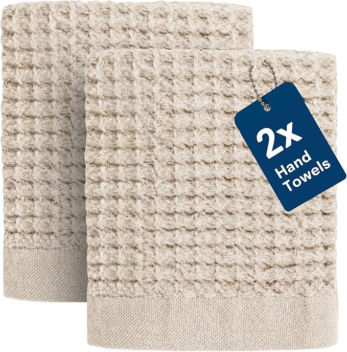 ONSEN Supima® Waffle Hand Towels, Quick Dry Lint Free 100% USA Cotton, Lightweight Absorbent Hand Towel Set, 16x30 in (Oatmeal, Hand Towel 2-Pack)
