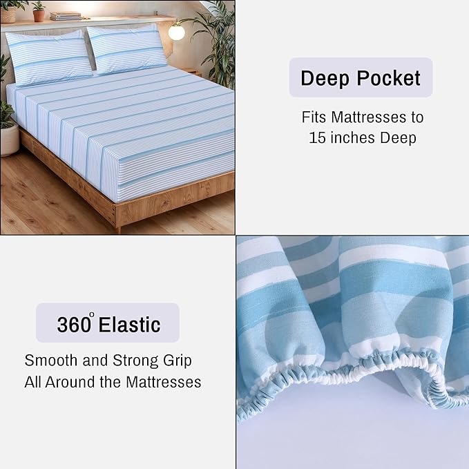 RUVANTI 100% Cotton Organic Percale Sheets Full Size – Crisp Cooling Bed Sheets for Hot Sleepers, Deep Pocket 15”, Soft Peach Finish, Breathable & Durable Hotel-Style 4 Pcs, Nautical Stripes